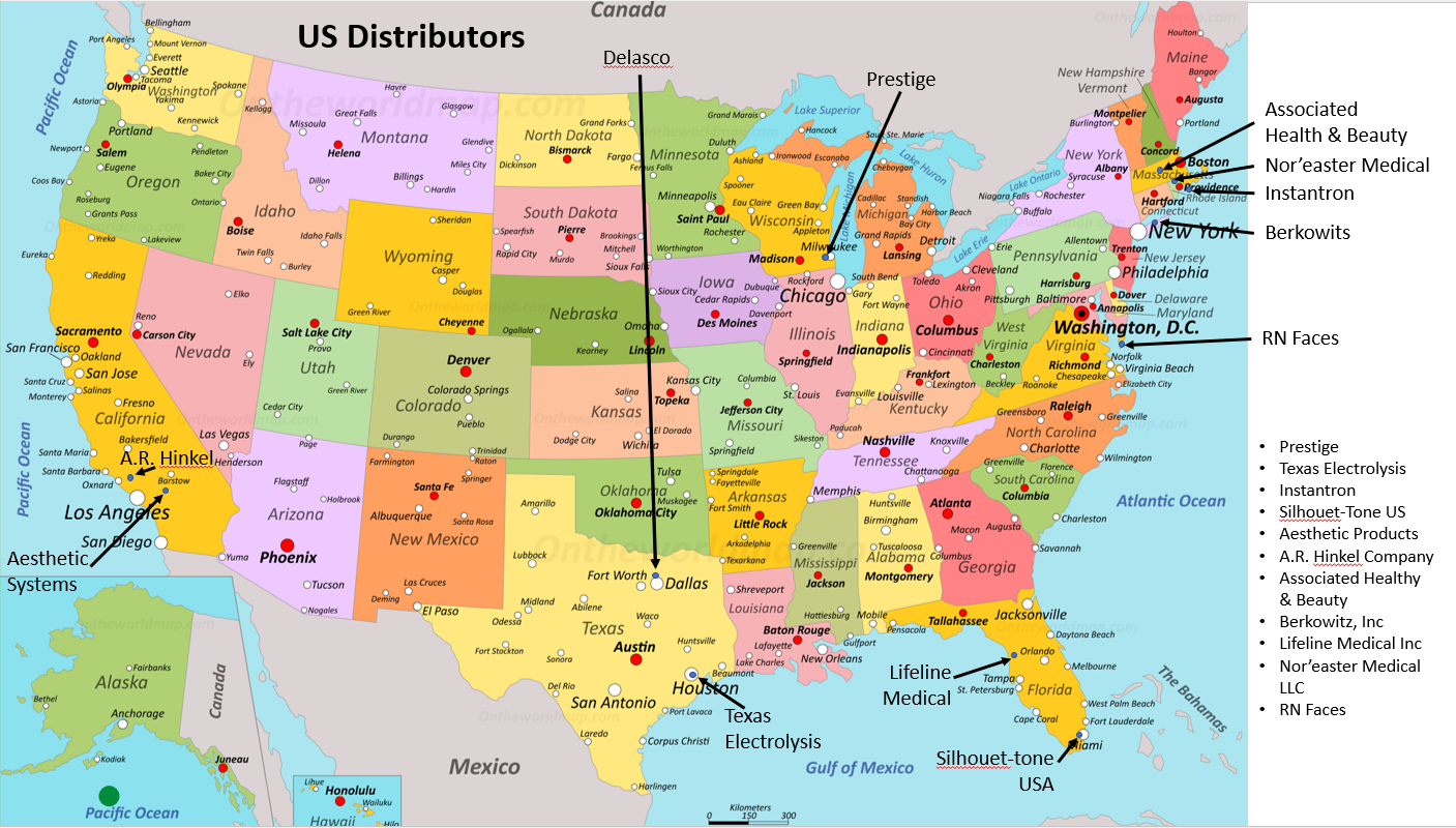 US map with Ballet Needle distributors marked on map